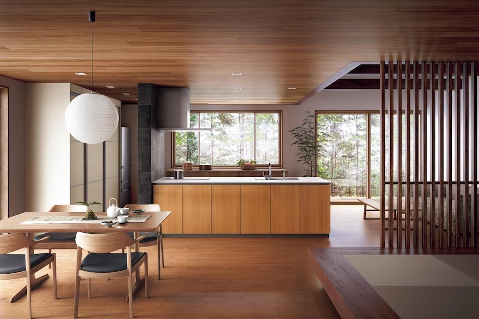 リフォーム後の綺麗なリビングからキッチンまでの画像です